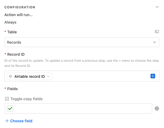 Configuring this step to toggle the Toggle copy fields checkbox