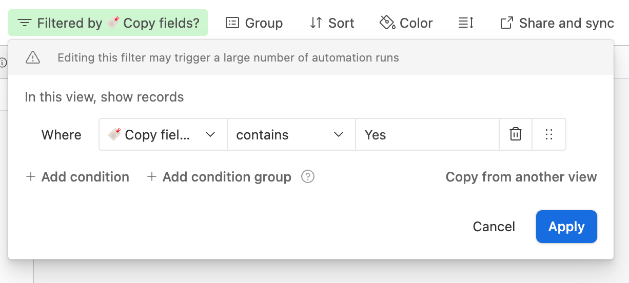 Configuring view filters in Airtable